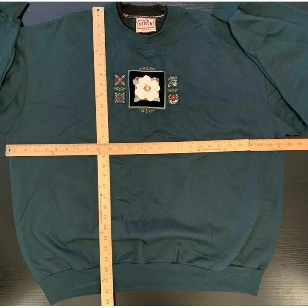 Vintage Top Stitch Green Pullover‎ Sweater Embroidered Flower Women's 2X
